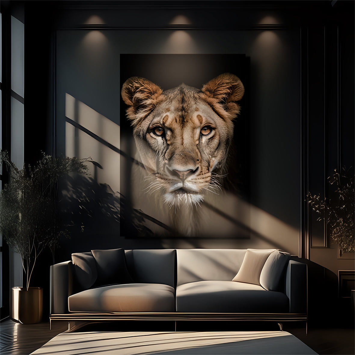 Lioness head on dark