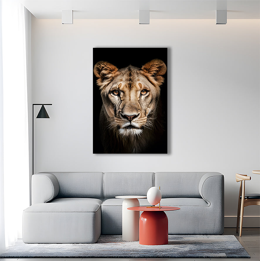 Lioness head on dark