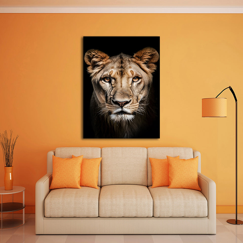 Lioness head on dark