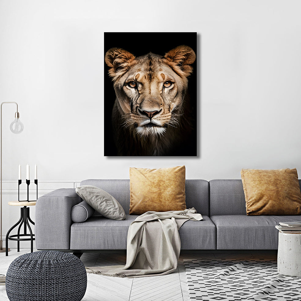 Lioness head on dark